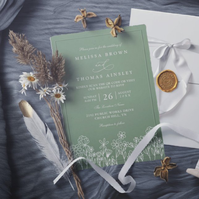Invitación Budget Wildflower Boho Sage Green QR Code Wedding (Subido por el creador)