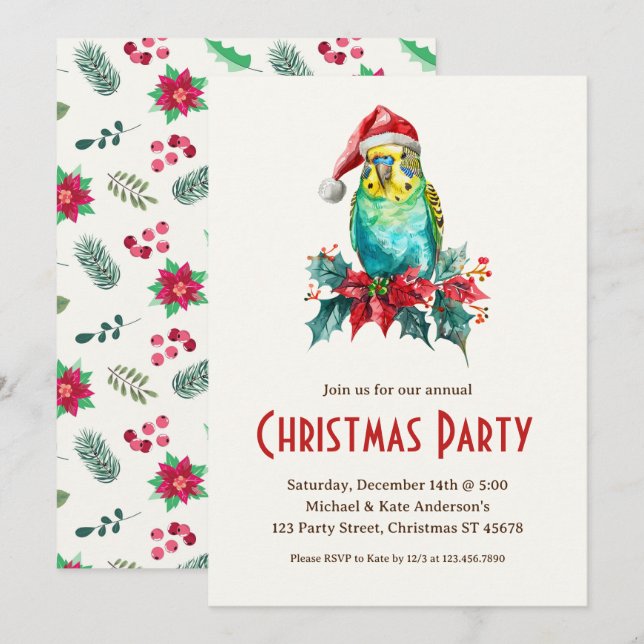 Invitación Budgie Bird Parakeet Santa Hat Navidades Fiesta (Anverso / Reverso)