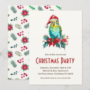 Invitación Budgie Bird Parakeet Santa Hat Navidades Fiesta