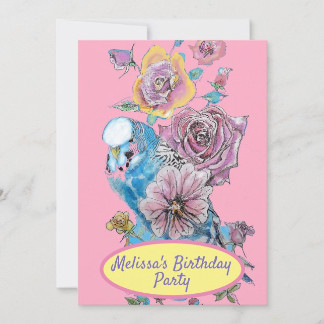 Invitación Budgie Blue Bird Birthday Children Chicas Pink Flo (Anverso)