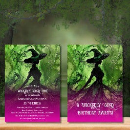 Invitación Buena Bruja Rosa y Verde Cualquier cumpleaños de e