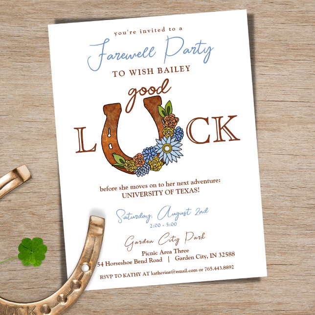 Invitación Buena suerte Floral Horseshoe Fiesta de despedida (Horseshoe Good Luck Going Away Party Invitation)
