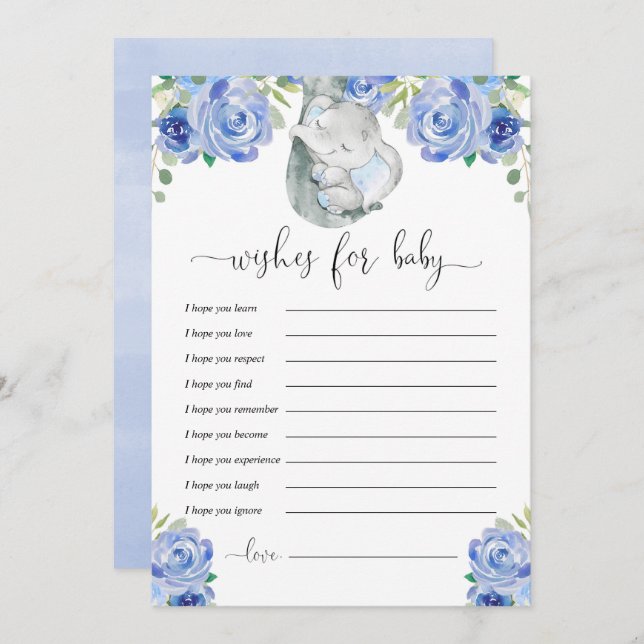 Invitación Bueno deseos para el bebé elefante floral azul (Anverso / Reverso)