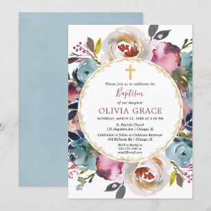 Invitación Buey azul marino merlot Baptism floral