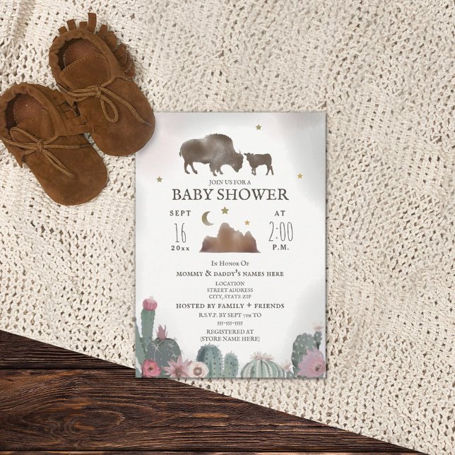 Invitación Búfalo Bison Floral Cactus Chica Baby Shower (Subido por el creador)