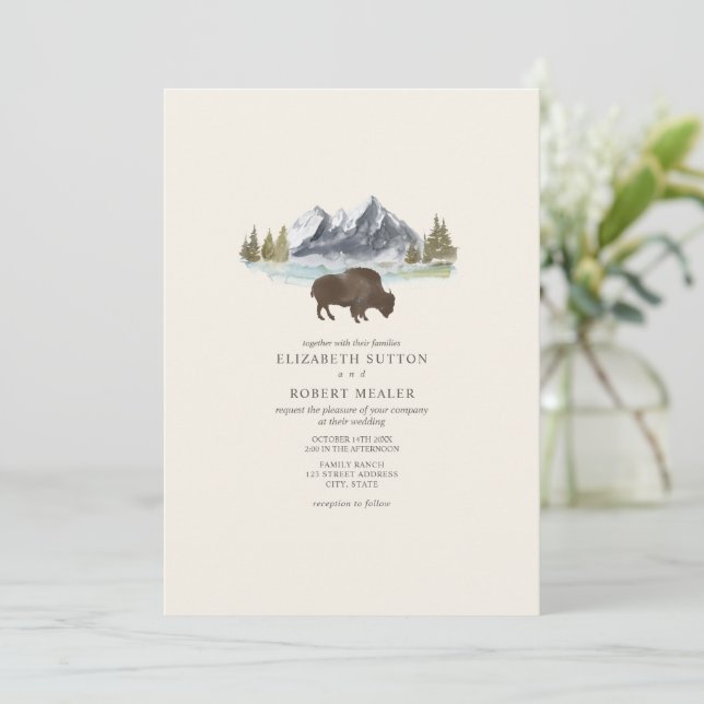 Invitación Búfalo Bison Watercolor Mountains Ranch Boda I (Anverso de pie)