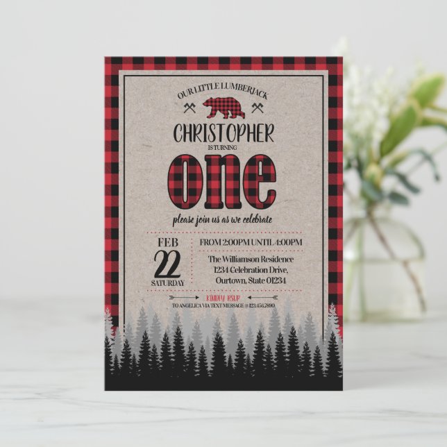 Invitación Búfalo Check Lumberjack Boy primer cumpleaños (Anverso de pie)