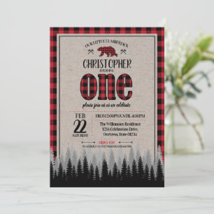 Invitación Búfalo Check Lumberjack Boy primer cumpleaños
