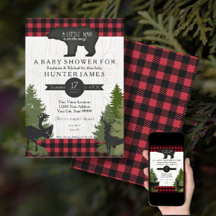 Invitación Búfalo forestal de Woodland Check Baby Shower 5x7