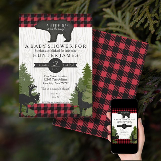 Invitación Búfalo forestal de Woodland Check Baby Shower 5x7 (Subido por el creador)