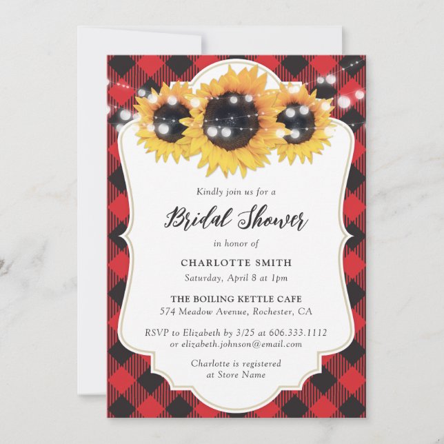 Invitación Búfalo Rojo Atrapado Sunflower Bridal Shower (Anverso)