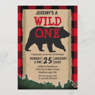 Invitación Búfalo rojo de un oso salvaje en el primer cumplea