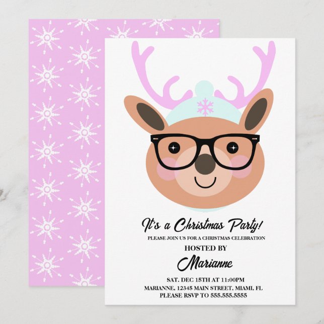 Invitación Bufanda Gorro Gafas Fiesta de Navidad Reno Lindo (Anverso / Reverso)