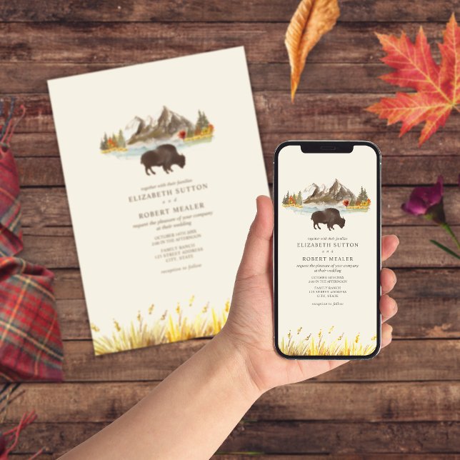 Invitación Buffalo Bison Watercolor Mountains Autumn Boda (Subido por el creador)