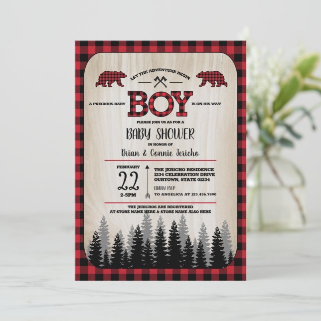 Invitación Buffalo Check Woodland Lumberjack Baby Shower (Anverso de pie)