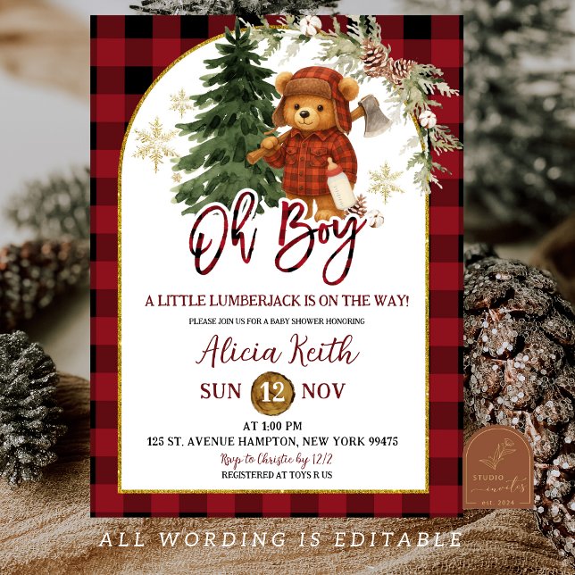 Invitación Buffalo plaid Red Winter Lumberjack Bear Shower (Subido por el creador)