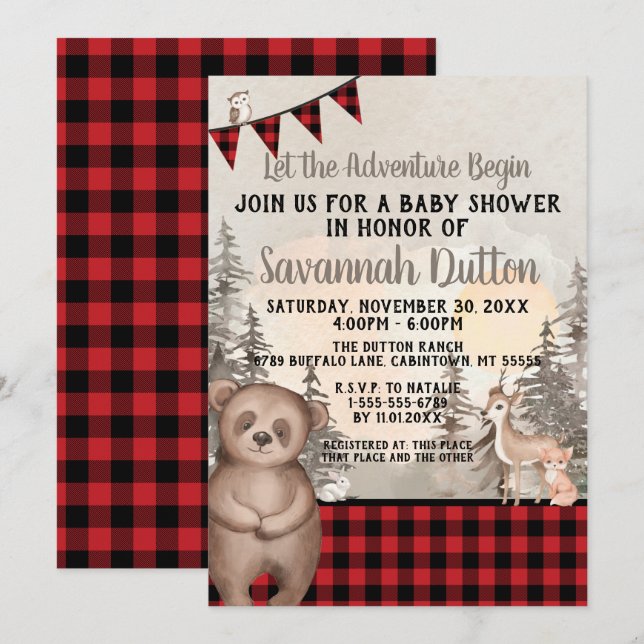 Invitación Buffalo Plaid Woodland Baby Shower (Anverso / Reverso)