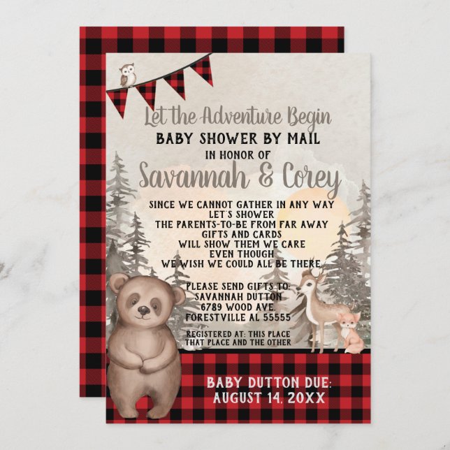 Invitación Buffalo Plaid Woodland Baby Shower por correo (Anverso / Reverso)