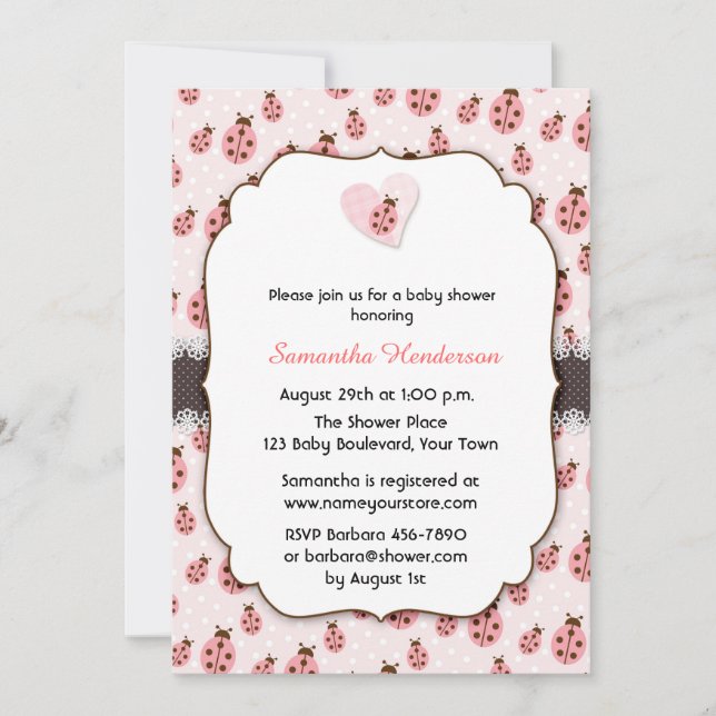 Invitación Bug de amor rosado, Baby Shower Chica (Anverso)
