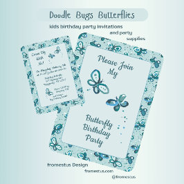 Invitación Bugs de perro mariposas - turquesa - cumpleaños.