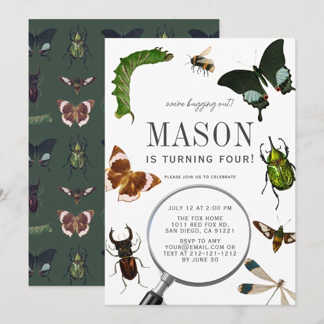 Invitación Bugs & Insecs Vintage Boy Birthday (Anverso / Reverso)