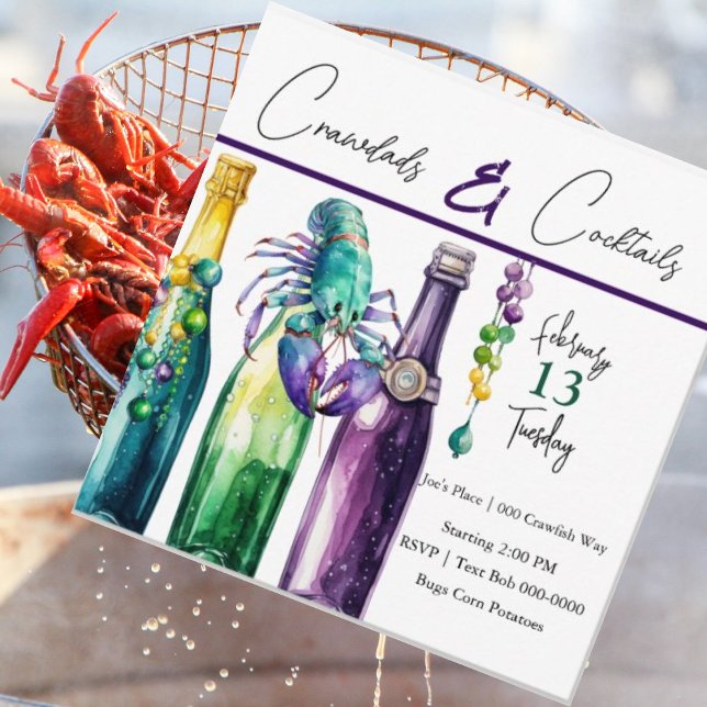 Invitación Bugs, langostinos y cócteles al estilo del Mardi G (Crawdads and cocktails brightly colored party invitation you customize. Mudbugs and mardi gras. )