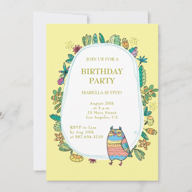 Invitación búho amarillo. Niños de fiesta de cumpleaños mágic (Anverso)