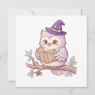 Invitación Búho bruja lindo leyendo libro de hechizos ilustra