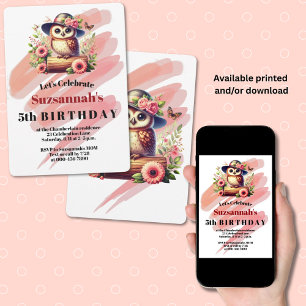 Invitación Búho Con Sombrero Lindo En Un Tronco Personalizado