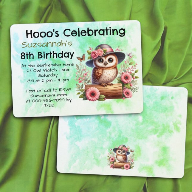 Invitación Búho con sombrero lindo sentado en un tronco (front and back ol template birthday invitation)