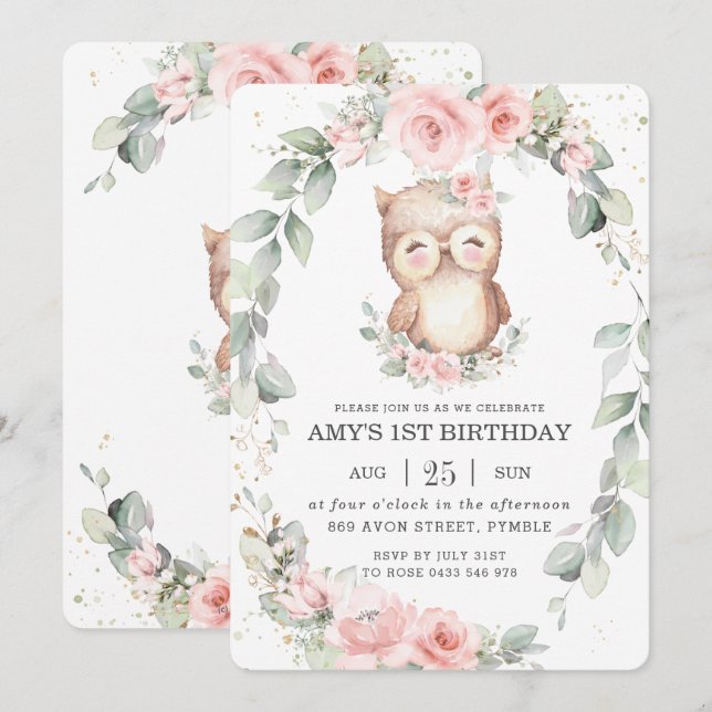 Invitación Búho cúrico Pink Floral Verdor Cumpleaños (Anverso / Reverso)