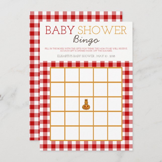 Invitación Búho de calabaza y Bingo Baby Shower de Gingham (Anverso / Reverso)