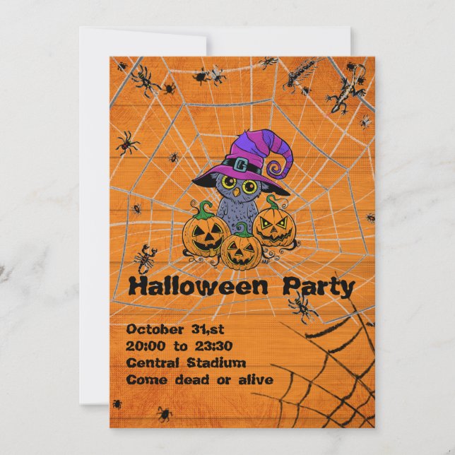 Invitación Búho de Halloween personalizable, calabazas (Anverso)