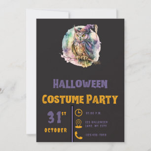 Invitación Búho en sombrero de bruja pastel moderno negro Hal