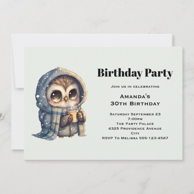 Invitación Búho Lindo en Invierno con Cumpleaños de Café (Anverso)