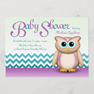 Invitación Búho lindo - púrpura y turquesa Chevron Baby