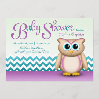 Invitación Búho lindo - púrpura y turquesa Chevron Baby
