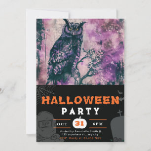Invitación Búho Negro y Púrpura Hermoso Halloween Negro