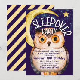 Invitación Búho Nocturno Lindo Morado Fiesta de Pyjamas