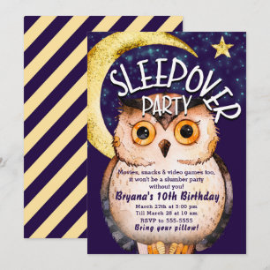 Invitación Búho Nocturno Lindo Morado Fiesta de Pyjamas