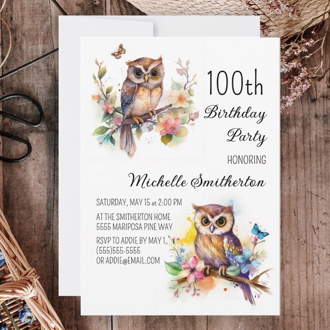 Invitación Búho Primavera Flores Mariposas 100 cumpleaños (Subido por el creador)