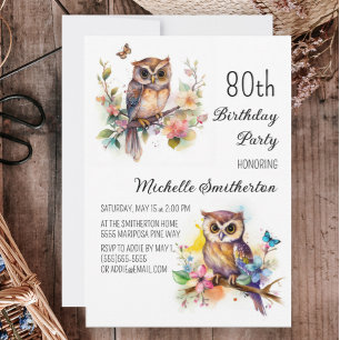 Invitación Búho Primavera Flores Mariposas 80 cumpleaños