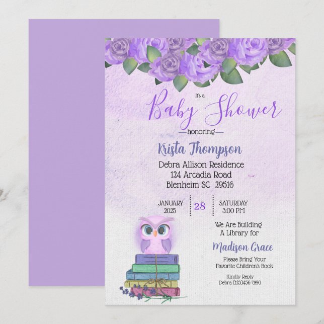 Invitación Búho Púrpura Cuta Un Baby Shower De Libro (Anverso / Reverso)