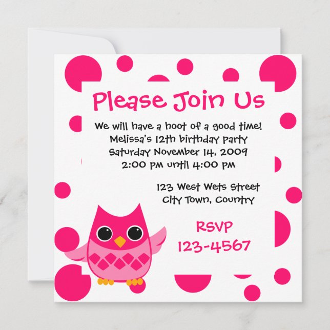 Invitación Búho rosado (Anverso)