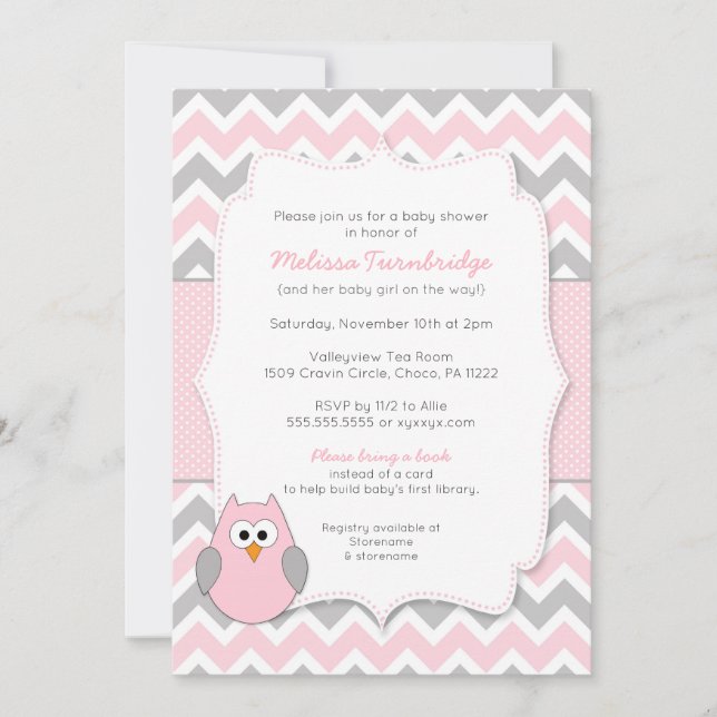Invitación Búho rosado Baby Shower con la petición del libro (Anverso)