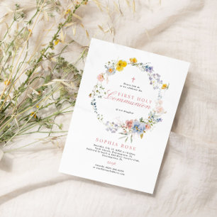 Invitación Buho Rustic Wildflowers Primera Comunión Santa