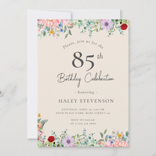 Invitación Buho rustico de flores silvestres 85º cumpleaños B (Anverso)