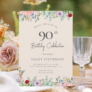 Invitación Buho rustico de flores silvestres 90 cumpleaños si
