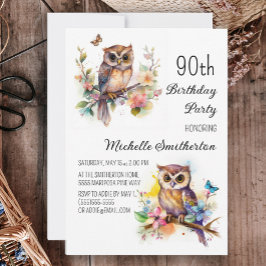 Invitación Búho Spring Flowers Butterflies 90º cumpleaños