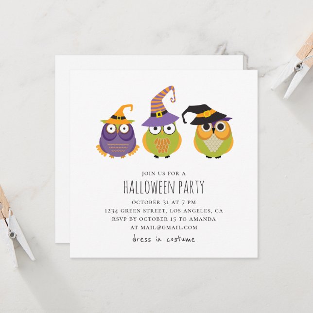 Invitación búhos de Halloween. Divertido fiesta de disfraces  (Anverso/Reverso In Situ)
